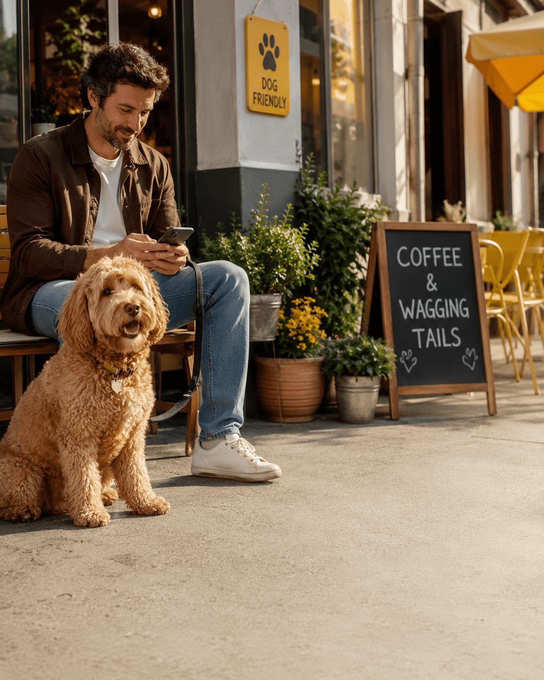 Uomo con il suo cane davanti a un locale pet friendly