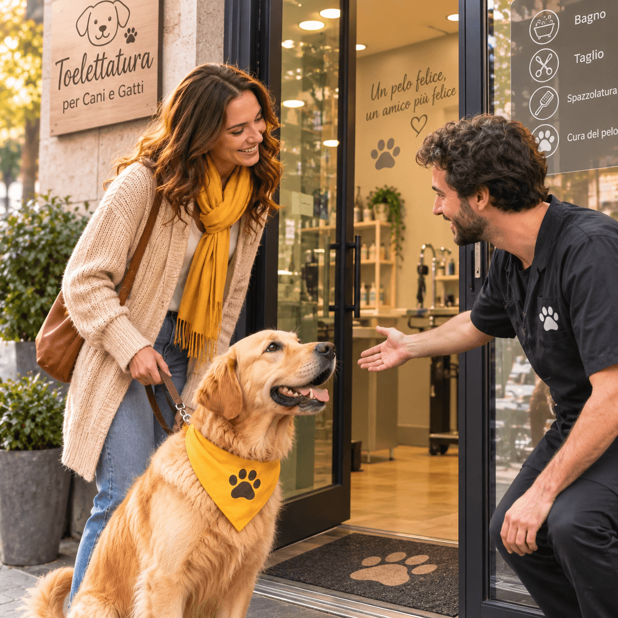 Cliente con il suo cane accolta davanti a una toelettatura pet friendly